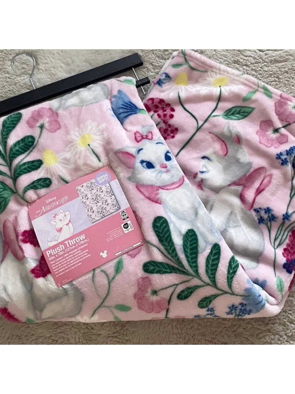 Disney Aristocats Marie Kitten Pink Floral‎ Soft Throw Blanket 50” X 70” NEW